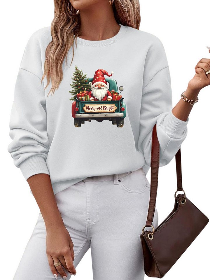 PYLIKE Fleecepullover Damen Rundhals Sweatshirt mit Weihnachtsmann Print Besondere Weihnachts-Outfits von PYLIKE