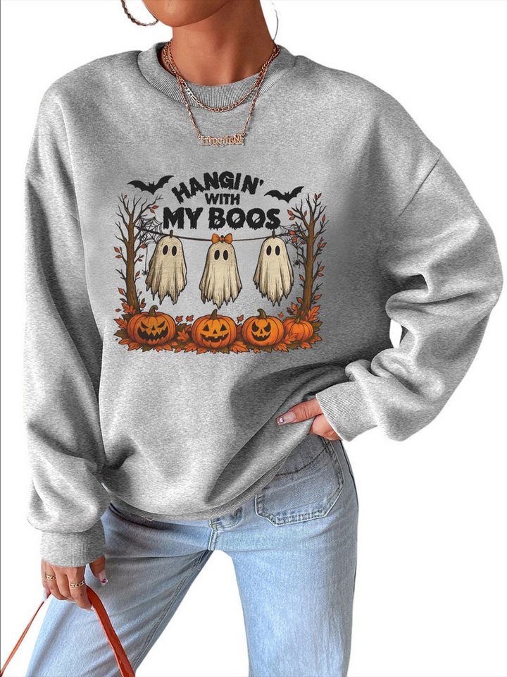 PYLIKE Fleecepullover Damen Rundhalsausschnitt Oversized Sweatshirt mit Halloween Print Bequem für Herbst & Winter von PYLIKE