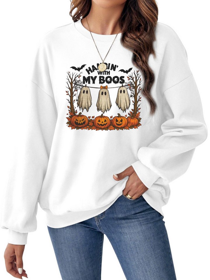 PYLIKE Fleecepullover Damen Rundhalsausschnitt Oversized Sweatshirt mit Halloween Print Bequem für Herbst & Winter von PYLIKE