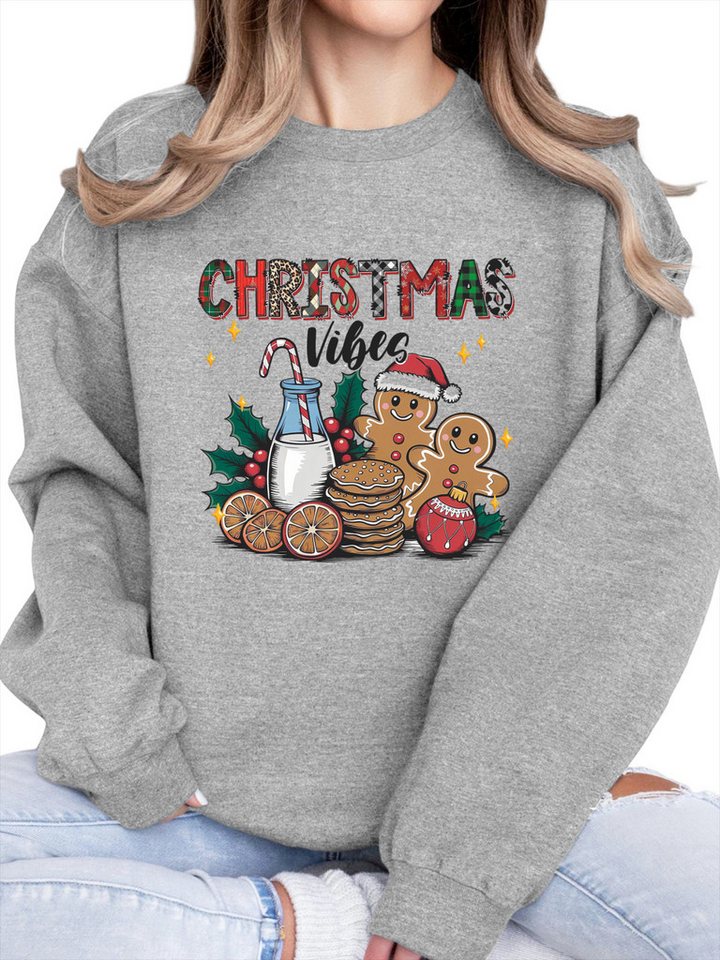 PYLIKE Fleecepullover Damen Rundhalsausschnitt Sweatshirt mit Lebkuchenmann Print Besondere Weihnachts-Outfits von PYLIKE