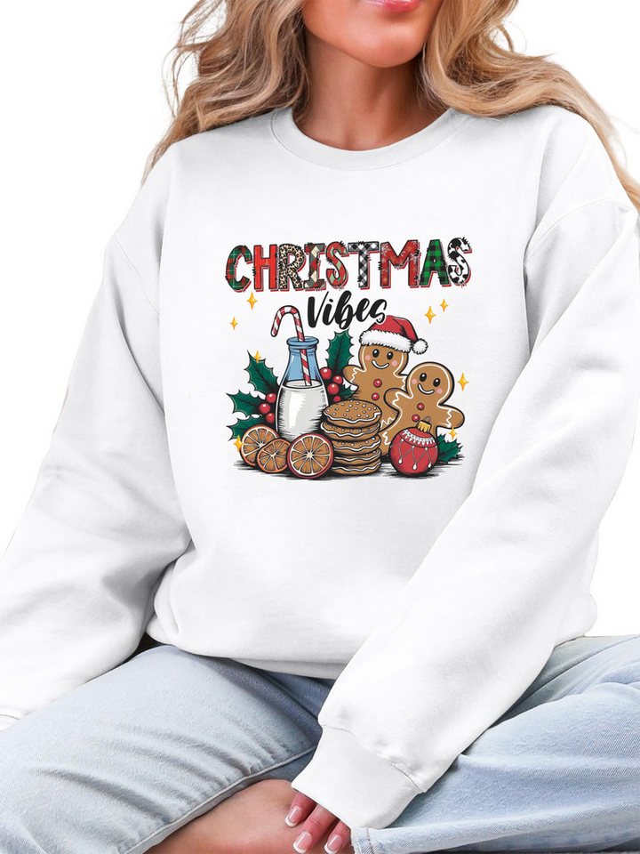 PYLIKE Fleecepullover Damen Rundhalsausschnitt Sweatshirt mit Lebkuchenmann Print Besondere Weihnachts-Outfits von PYLIKE