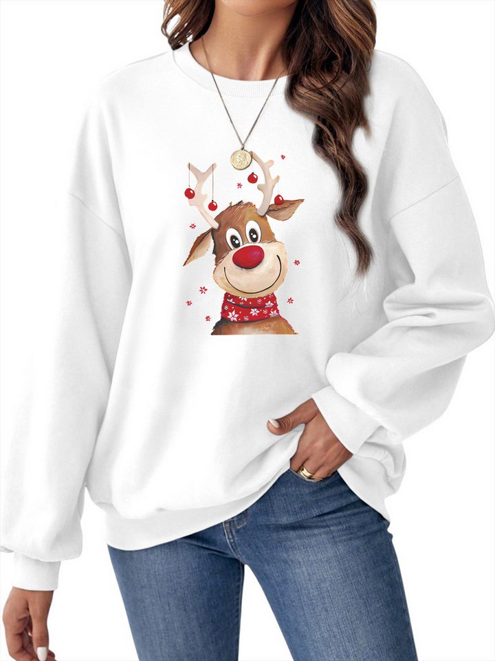 PYLIKE Fleecepullover Damen Weihnachten Sweatshirts mit Cartoon-Elch Druck Bequem für Festival Weihnachten und Herbst & Winter von PYLIKE