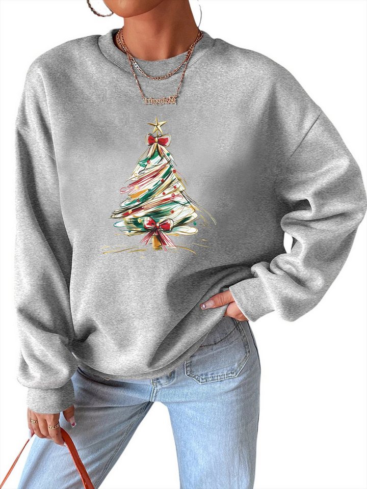 PYLIKE Fleecepullover Fleecepullover Damen,Langarm Sweatshirt mit Weihnachtsbaum Print, Besondere Weihnachts-Outfits von PYLIKE