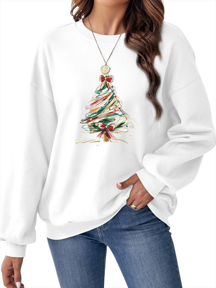 PYLIKE Fleecepullover Fleecepullover Damen,Langarm Sweatshirt mit Weihnachtsbaum Print, Besondere Weihnachts-Outfits von PYLIKE