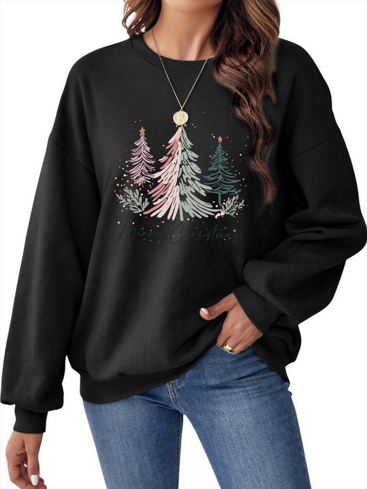 PYLIKE Fleecepullover Fleecepullover Damen,Lockerem Sweatshirt mit Weihnachtsbaum Print Besondere Weihnachts-Outfits von PYLIKE