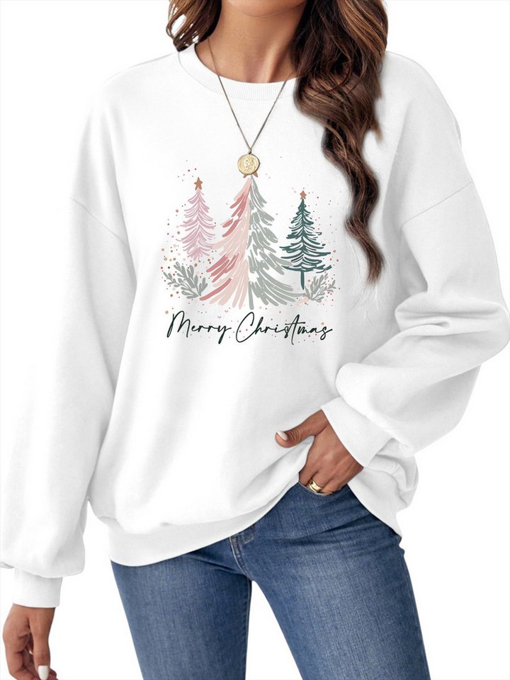 PYLIKE Fleecepullover Fleecepullover Damen,Lockerem Sweatshirt mit Weihnachtsbaum Print Besondere Weihnachts-Outfits von PYLIKE