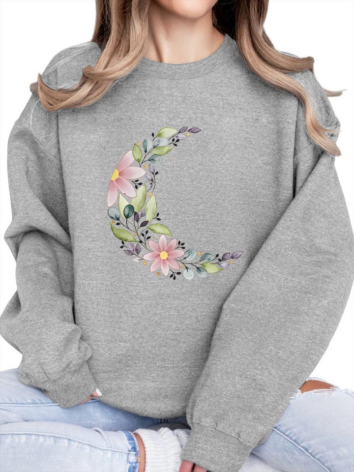PYLIKE Fleecepullover Fleecepullover Damen,Sweatshirt mit Blumen Print,Langarm Lockerem Fit Bequem für Herbst & Winter von PYLIKE