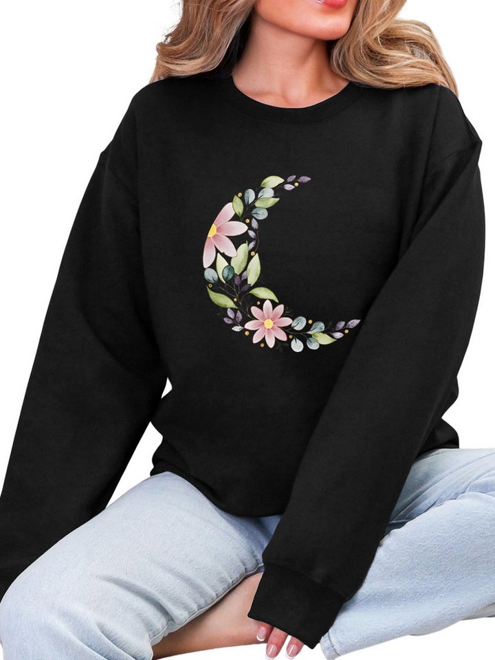 PYLIKE Fleecepullover Fleecepullover Damen,Sweatshirt mit Blumen Print,Langarm Lockerem Fit Bequem für Herbst & Winter von PYLIKE