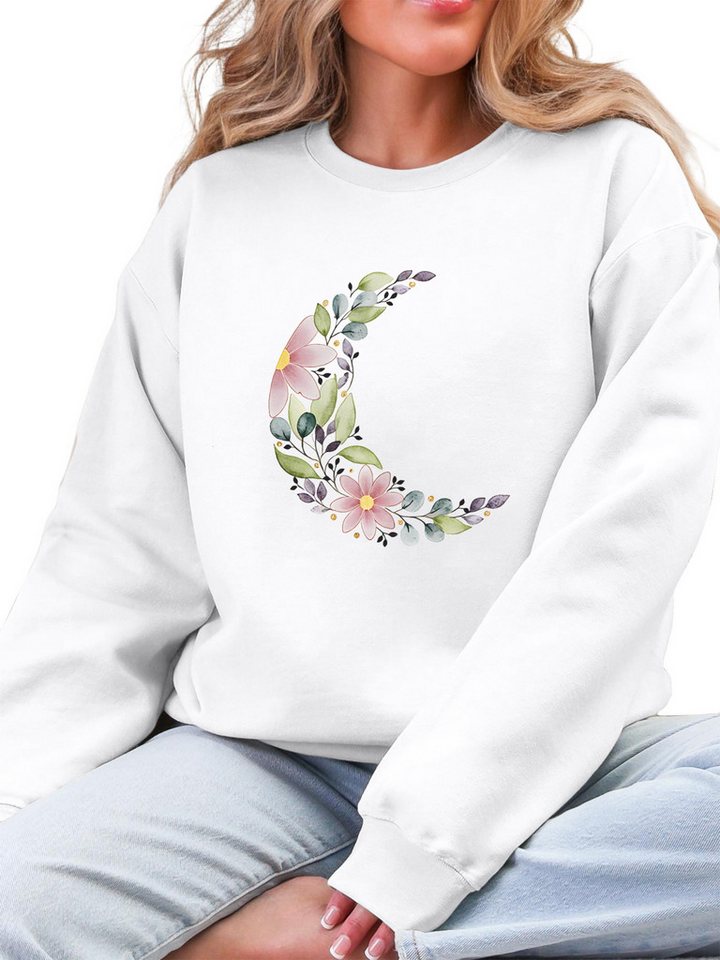 PYLIKE Fleecepullover Fleecepullover Damen,Sweatshirt mit Blumen Print,Langarm Lockerem Fit Bequem für Herbst & Winter von PYLIKE