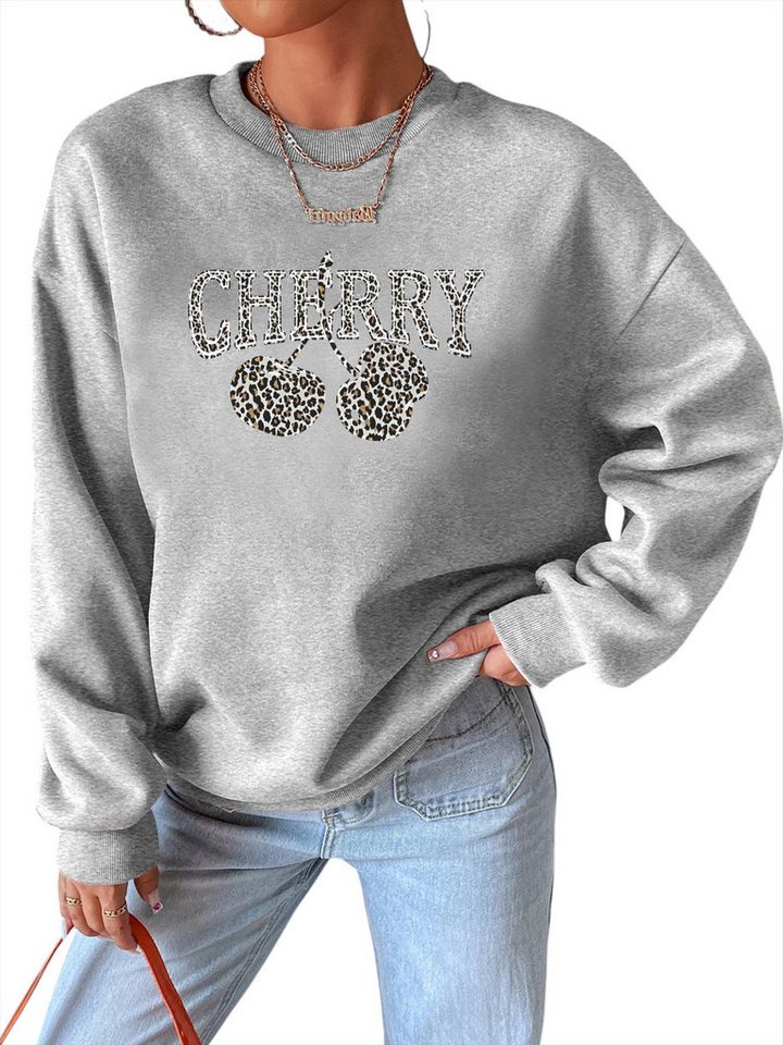 PYLIKE Fleecepullover Fleecepullover Damen,Sweatshirt mit Kirsche Print,Langarm Lockerem Fit Bequem für Herbst & Winter von PYLIKE