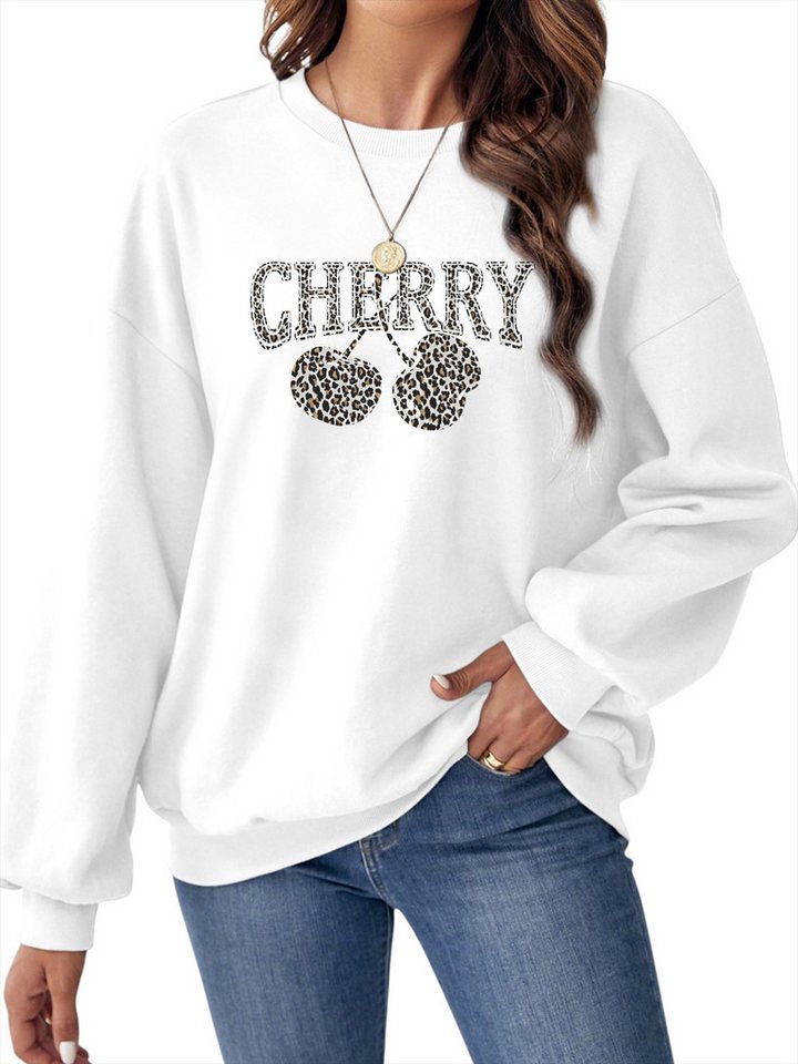 PYLIKE Fleecepullover Fleecepullover Damen,Sweatshirt mit Kirsche Print,Langarm Lockerem Fit Bequem für Herbst & Winter von PYLIKE