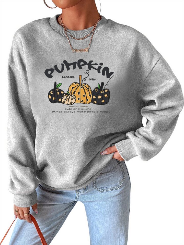 PYLIKE Fleecepullover Fleecepullover Damen,Sweatshirt mit Kürbis Print,Langarm Lockerem Fit Bequem für Herbst & Winter von PYLIKE