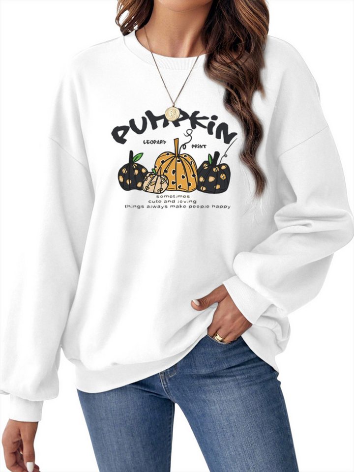 PYLIKE Fleecepullover Fleecepullover Damen,Sweatshirt mit Kürbis Print,Langarm Lockerem Fit Bequem für Herbst & Winter von PYLIKE