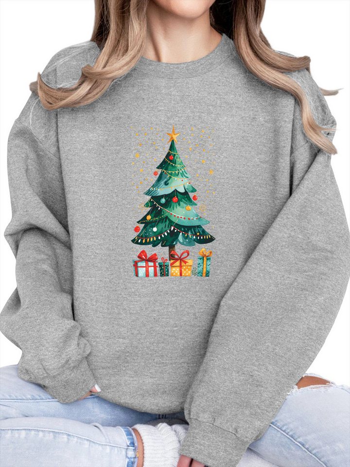 PYLIKE Fleecepullover Fleecepullover Damen,Sweatshirt mit Weihnachtsbaum Print Besondere Weihnachts-Outfits von PYLIKE