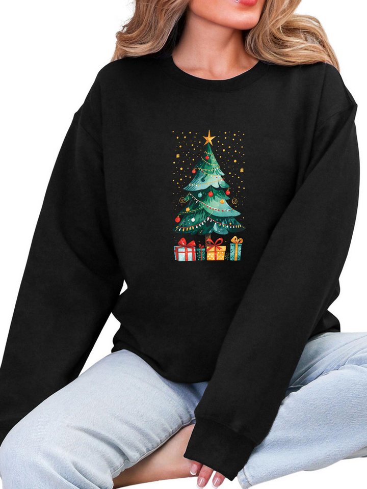 PYLIKE Fleecepullover Fleecepullover Damen,Sweatshirt mit Weihnachtsbaum Print Besondere Weihnachts-Outfits von PYLIKE
