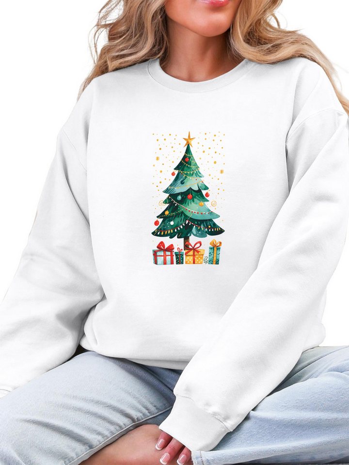 PYLIKE Fleecepullover Fleecepullover Damen,Sweatshirt mit Weihnachtsbaum Print Besondere Weihnachts-Outfits von PYLIKE