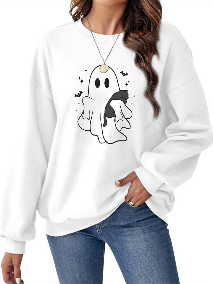 PYLIKE Fleecepullover Fleecepullover Damen mit Halloween Print,Langarm Lockerem Fit Bequem für Herbst & Winter von PYLIKE