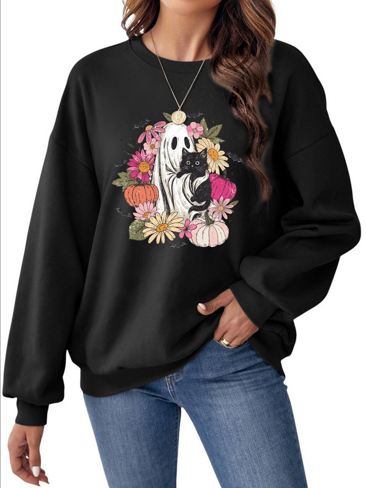 PYLIKE Fleecepullover Fleecepullover Langarm Damen,Sweatshirt mit Halloween-Geist Print Bequem für Herbst & Winter von PYLIKE