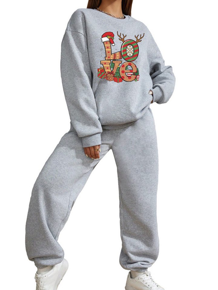 PYLIKE Freizeitanzug 2-teiliges Damen Trainingsanzug Weihnachten Print Sweatshirt & Jogger (Set, Print Sweatshirt & Jogginghose mit Taschen), Für Weihnachten,Lounge, Sport & Alltag von PYLIKE