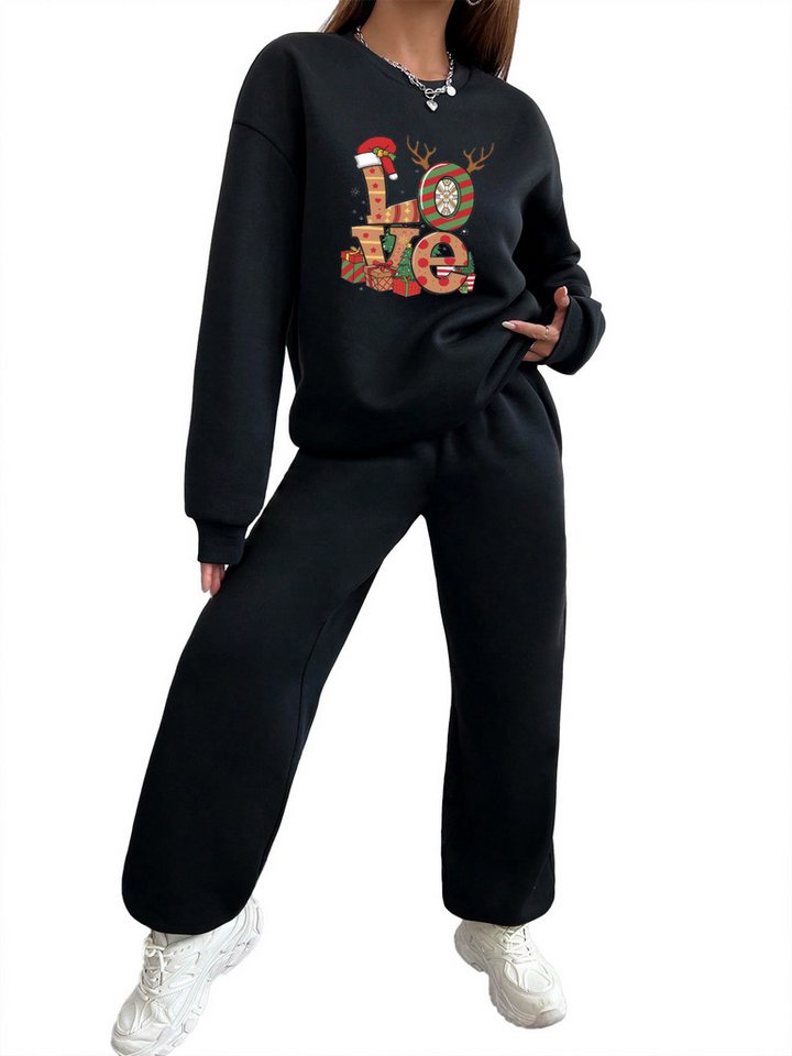 PYLIKE Freizeitanzug 2-teiliges Damen Trainingsanzug Weihnachten Print Sweatshirt & Jogger (Set, Print Sweatshirt & Jogginghose mit Taschen), Für Weihnachten,Lounge, Sport & Alltag von PYLIKE