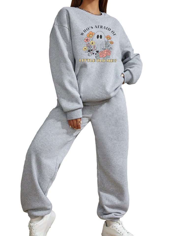 PYLIKE Freizeitanzug Wintermode Fleecepullover Damen Oversized Lässiges 2Set mit Print (SET, Rundhals Print Sweatshirt & Jogginghose mit Taschen) von PYLIKE