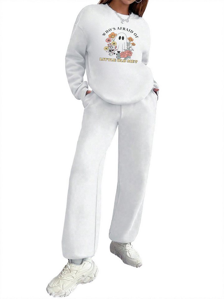 PYLIKE Freizeitanzug Wintermode Fleecepullover Damen Oversized Lässiges 2Set mit Print (SET, Rundhals Print Sweatshirt & Jogginghose mit Taschen) von PYLIKE