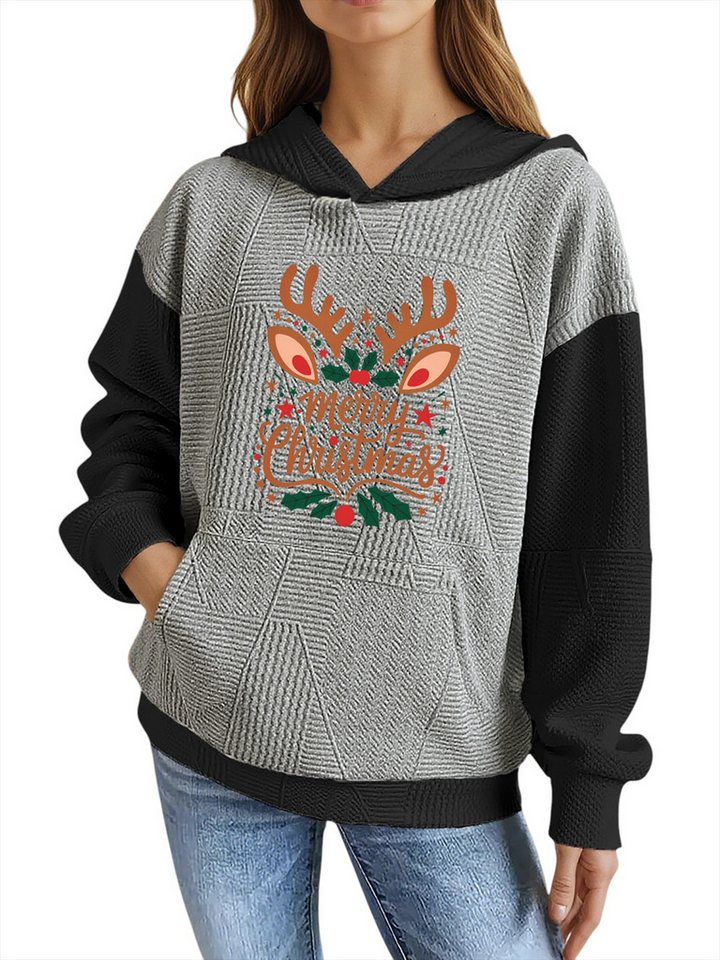 PYLIKE Hoodie Hoodie für Damen mit Farbblock-Weihnachten Druck & Großtaschen Strukturierte Stoffe,Festlich Streetstyle für den Winter von PYLIKE