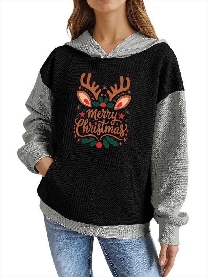 PYLIKE Hoodie Hoodie für Damen mit Farbblock-Weihnachten Druck & Großtaschen Strukturierte Stoffe,Festlich Streetstyle für den Winter von PYLIKE
