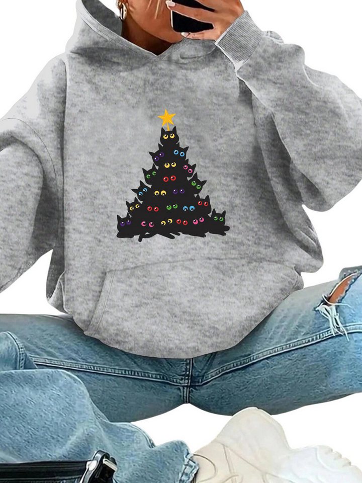 PYLIKE Hoodie Weihnachten Print Damen Fleece Kapuzenpullover mit großer Tasche Weihnachten Streetstyle für den Winter von PYLIKE