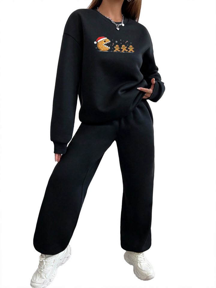 PYLIKE Jogginganzug 2-teiliges Damen Trainingsanzug: Rundhals Print Sweatshirt & Jogger (Set, Sweatshirt & Jogginghose), Für Weihnachten Lounge, Sport & Alltag von PYLIKE