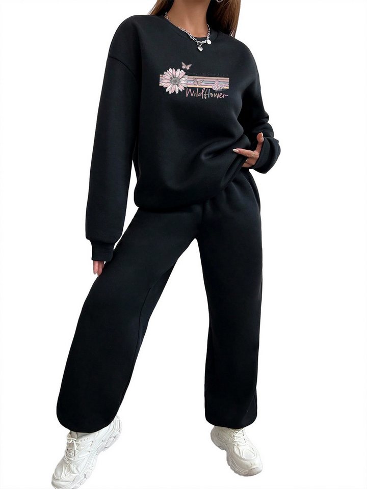 PYLIKE Jogginganzug Bequemer Lounge-Set Damen:Fleecepullover & Baggy-Hose (Set, Sweatshirt & Jogginghose), Jogginghose mit Taschen von PYLIKE