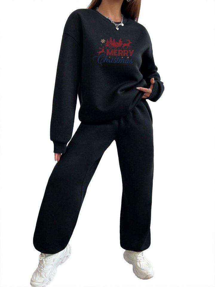 PYLIKE Jogginganzug Damen 2-Jogging-Set: Weihnachten Print Sweatshirt & Jogginghose (Set, Sweatshirt & Jogger), Weihnachten Print Fleecepullover & Jogginghose mit Taschen von PYLIKE