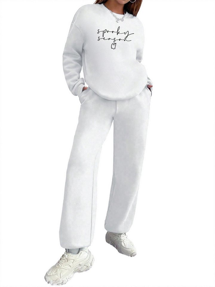 PYLIKE Jogginganzug Damen 2-teiliges Jogging-Set (SET, Sweatshirt & Jogger), Oversized Rundhals Print Sweatshirt & Jogginghose mit Taschen von PYLIKE