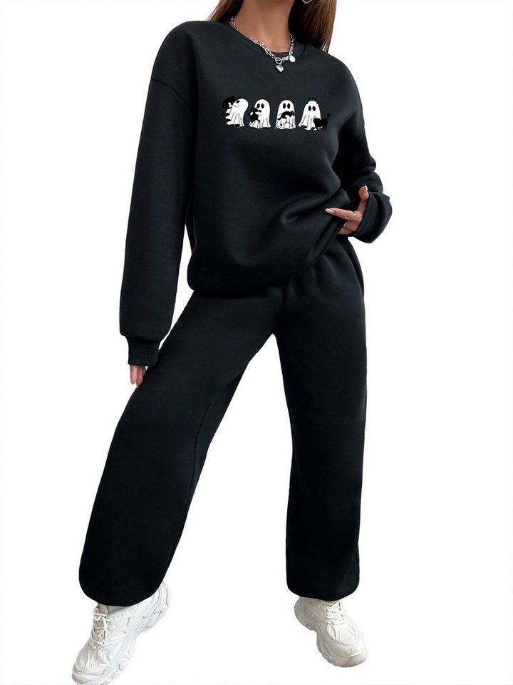PYLIKE Jogginganzug Damen 2-teiliges Jogging-Set Sweatshirt & Jogginghose (SET), Oversized Rundhals Print Sweatshirt & Jogginghose mit Taschen von PYLIKE