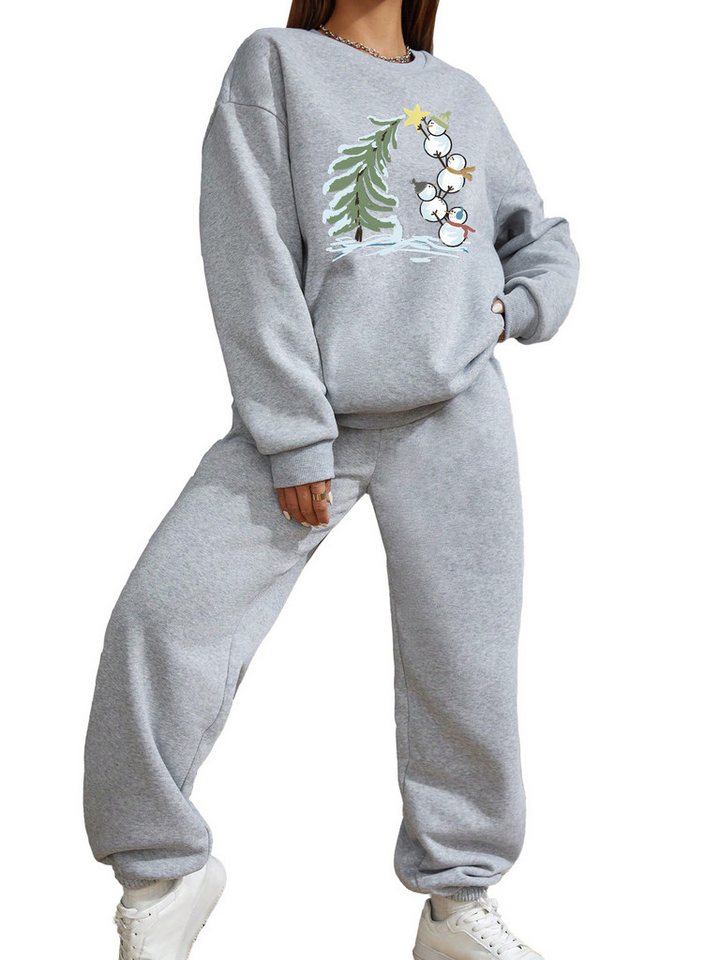 PYLIKE Jogginganzug Fleecepullover Damen Oversized 2-teiliges Set mit Weihnachtsbaum Print (Set, Sweatshirt & Jogginghose) von PYLIKE