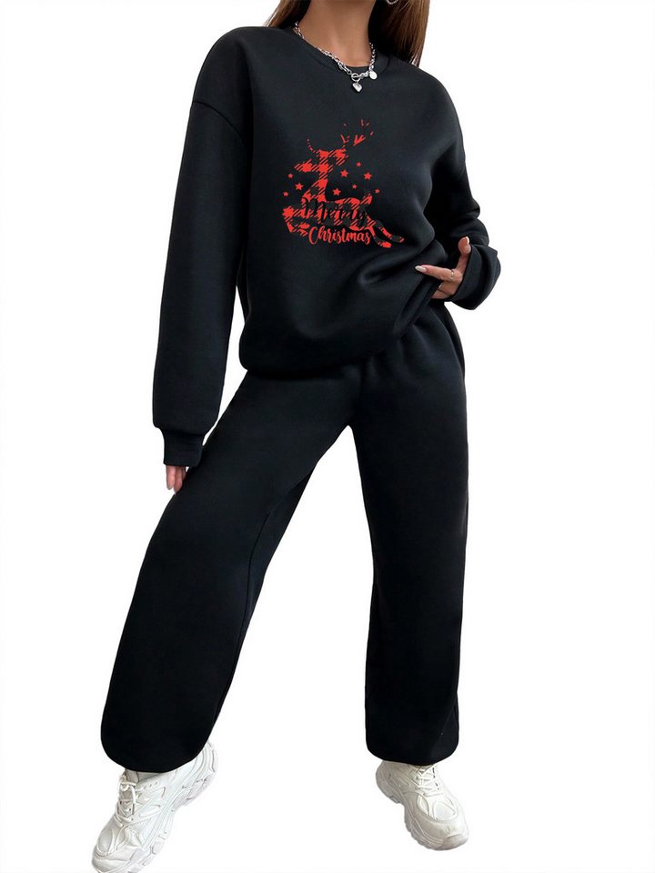 PYLIKE Jogginganzug Fleecepullover Damen Weihnachten 2Set mit Elch Print (Set, Sweatshirt & Jogginghose), Oversized Weihnachten Print Sweatshirt & Jogginghose mit Taschen von PYLIKE