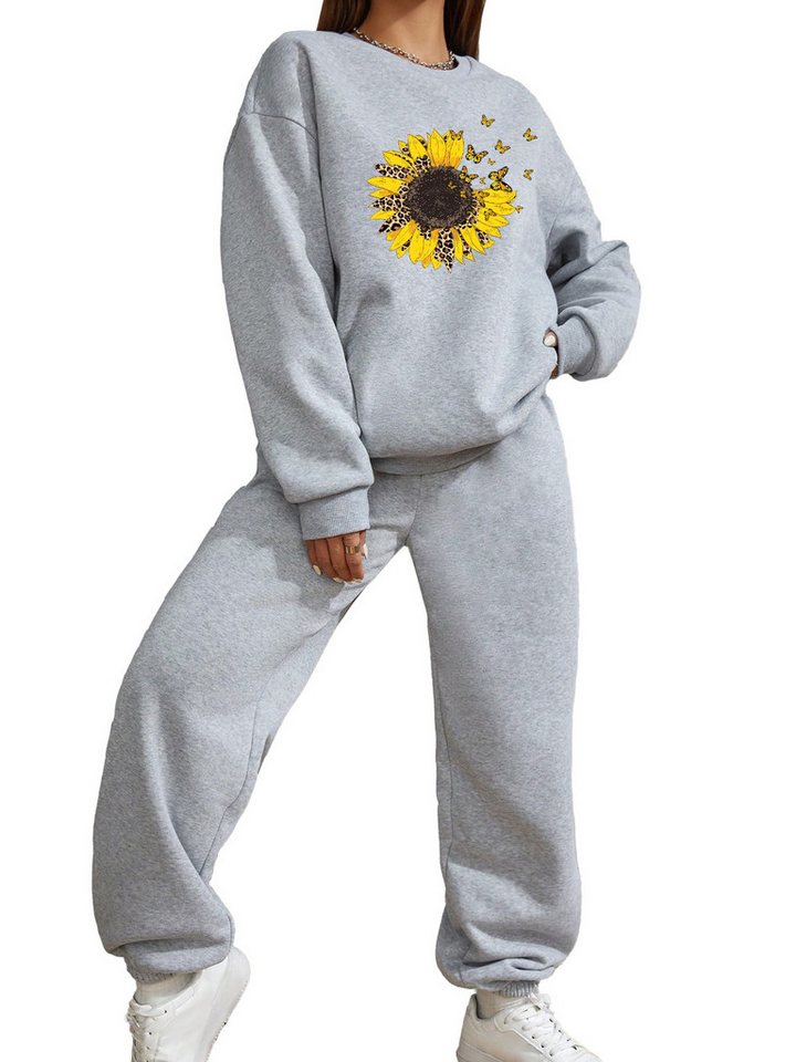 PYLIKE Jogginganzug Wintermode Fleecepullover Damen 2-teiliges Set mit Sonnenblume Print (Sweatshirt & Jogginghose, set) von PYLIKE