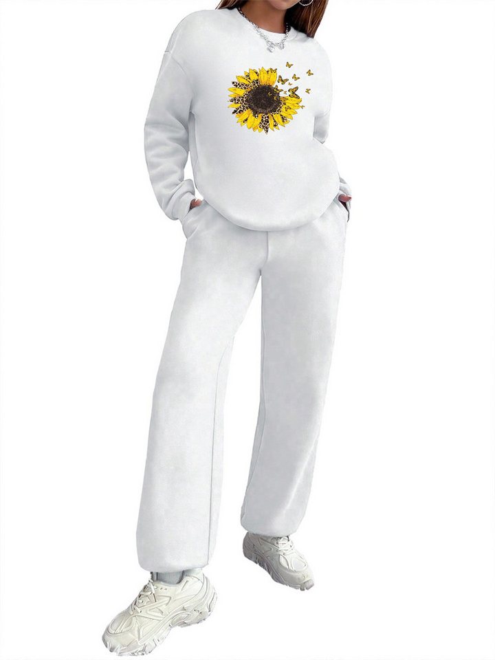 PYLIKE Jogginganzug Wintermode Fleecepullover Damen 2-teiliges Set mit Sonnenblume Print (Sweatshirt & Jogginghose, set) von PYLIKE