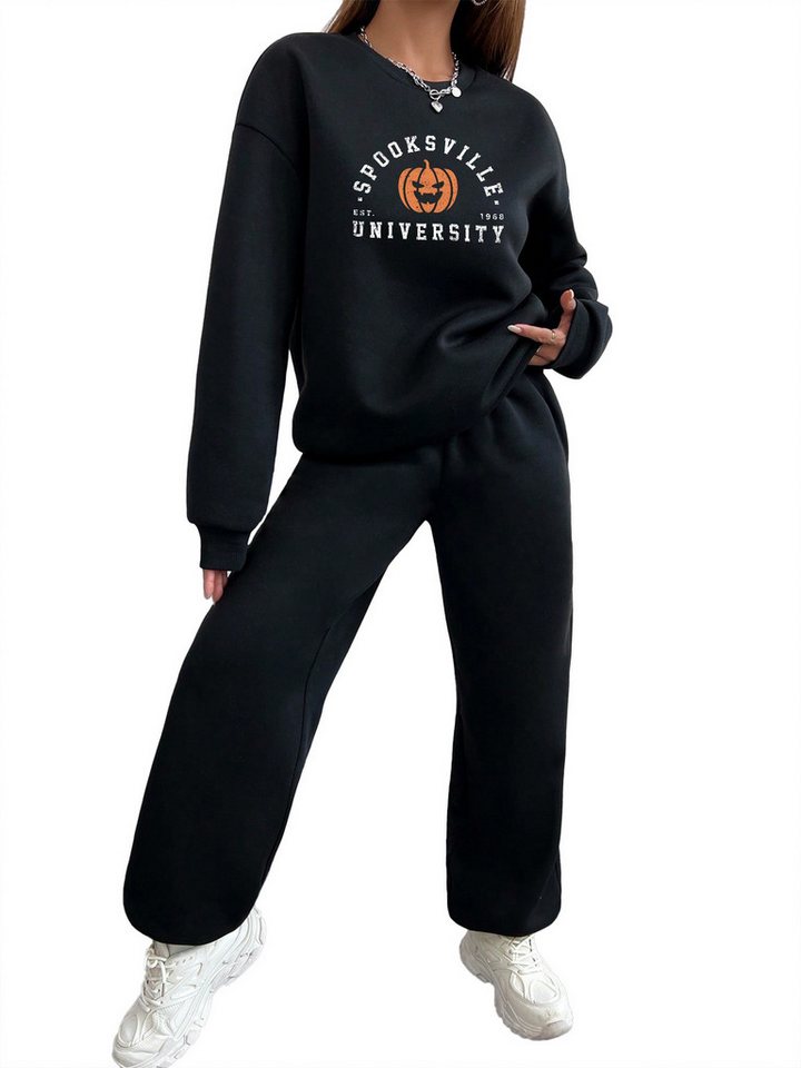 PYLIKE Jogginganzug Wintermode Fleecepullover Damen Lässiges 2-teiliges Set mit Print (SET, Sweatshirt & Jogginghose), Oversized Rundhals Print Sweatshirt & Jogginghose mit Taschen von PYLIKE