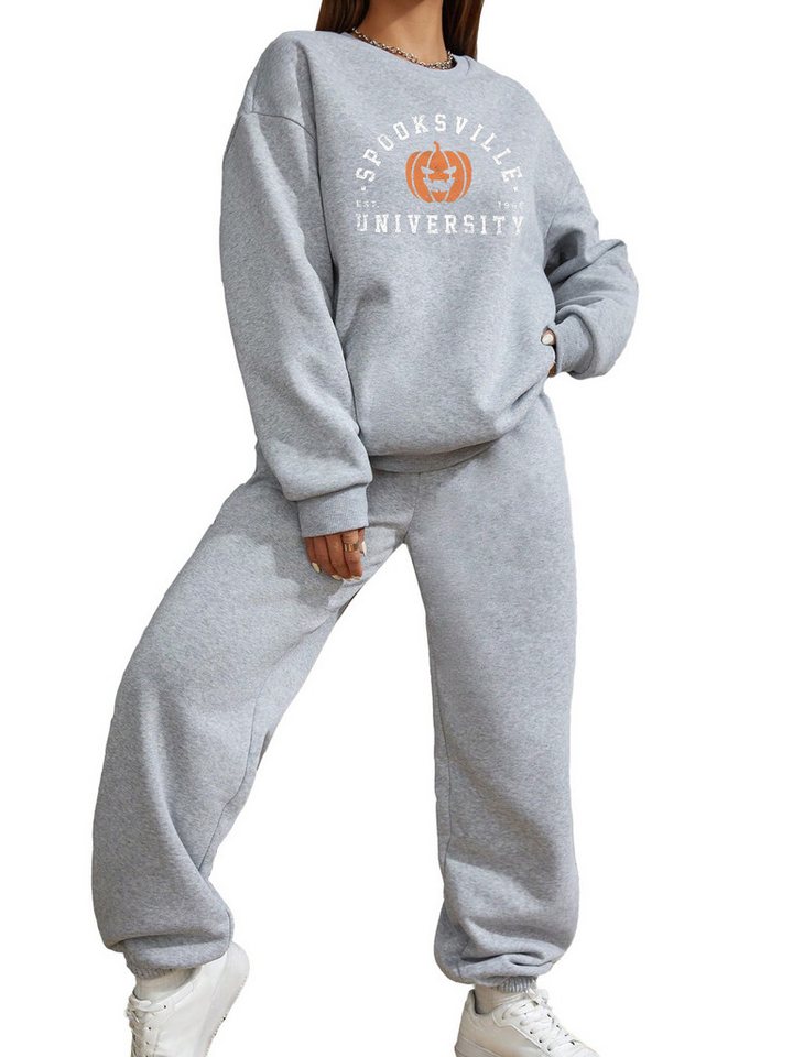 PYLIKE Jogginganzug Wintermode Fleecepullover Damen Lässiges 2-teiliges Set mit Print (SET, Sweatshirt & Jogginghose), Oversized Rundhals Print Sweatshirt & Jogginghose mit Taschen von PYLIKE