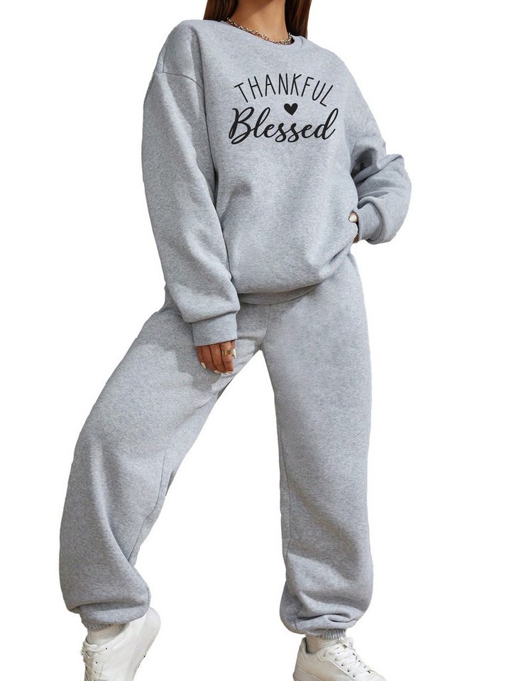 PYLIKE Jogginganzug Wintermode Fleecepullover Damen Oversized Lässiges 2-teiliges Set, Print Sweatshirt & Jogginghose mit Taschen von PYLIKE