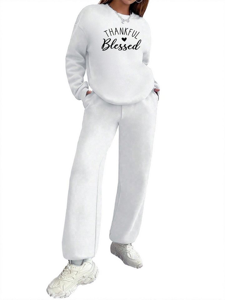 PYLIKE Jogginganzug Wintermode Fleecepullover Damen Oversized Lässiges 2-teiliges Set, Print Sweatshirt & Jogginghose mit Taschen von PYLIKE