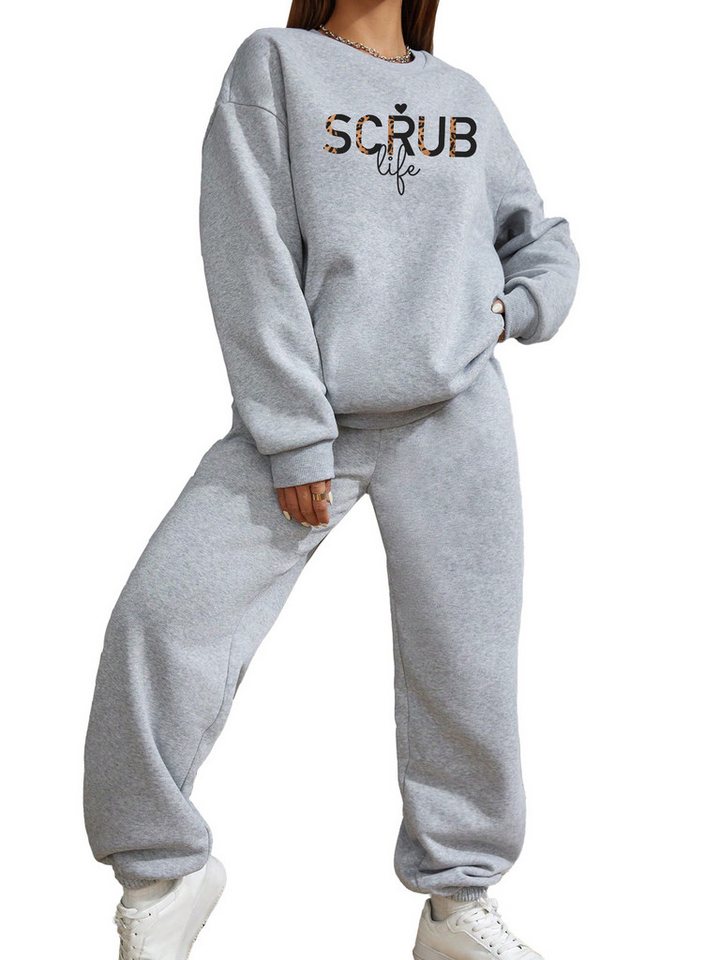 PYLIKE Jogginganzug Wintermode Fleecepullover Damen Oversized Lässiges 2-teiliges Set (SET, Sweatshirt & Jogginghose), Print Sweatshirt & Jogginghose mit Taschen von PYLIKE