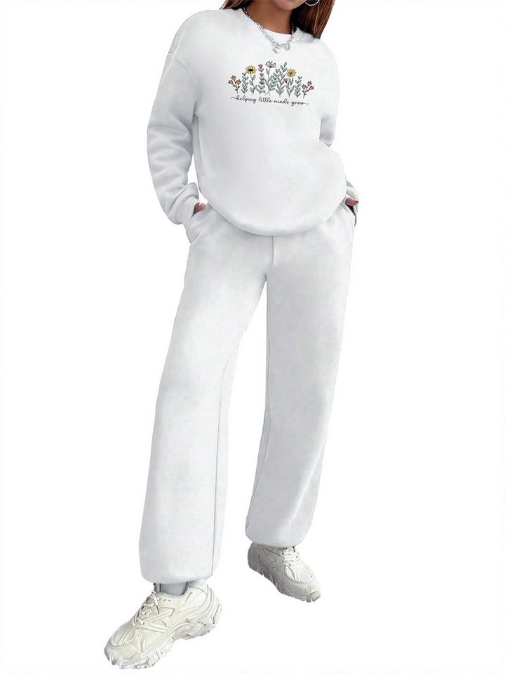 PYLIKE Jogginganzug Wintermode Fleecepullover Damen Oversized Lässiges 2Set mit Print (SET, Sweater &Sweatpants), Print Sweatshirt & Jogginghose mit Taschen von PYLIKE