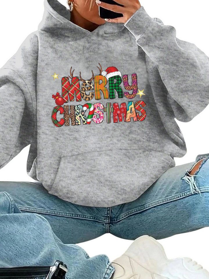 PYLIKE Kapuzenpullover Damen Fleece Kapuzenpullover mit Print Wärmend mit Großtasche Weihnachts-Sonderanfertigungen von PYLIKE