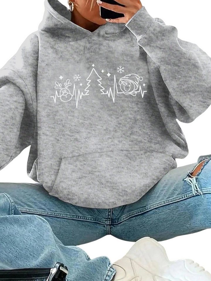 PYLIKE Kapuzenpullover Damen Fleece Kapuzenpullover mit Print Wärmend mit Großtasche Weihnachts-Sonderanfertigungen von PYLIKE