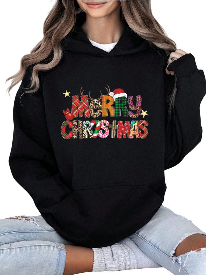 PYLIKE Kapuzenpullover Damen Fleece Kapuzenpullover mit Print Wärmend mit Großtasche Weihnachts-Sonderanfertigungen von PYLIKE