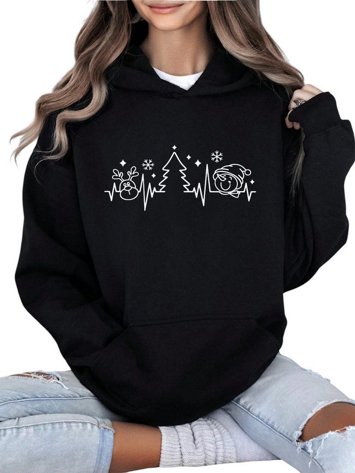 PYLIKE Kapuzenpullover Damen Fleece Kapuzenpullover mit Print Wärmend mit Großtasche Weihnachts-Sonderanfertigungen von PYLIKE