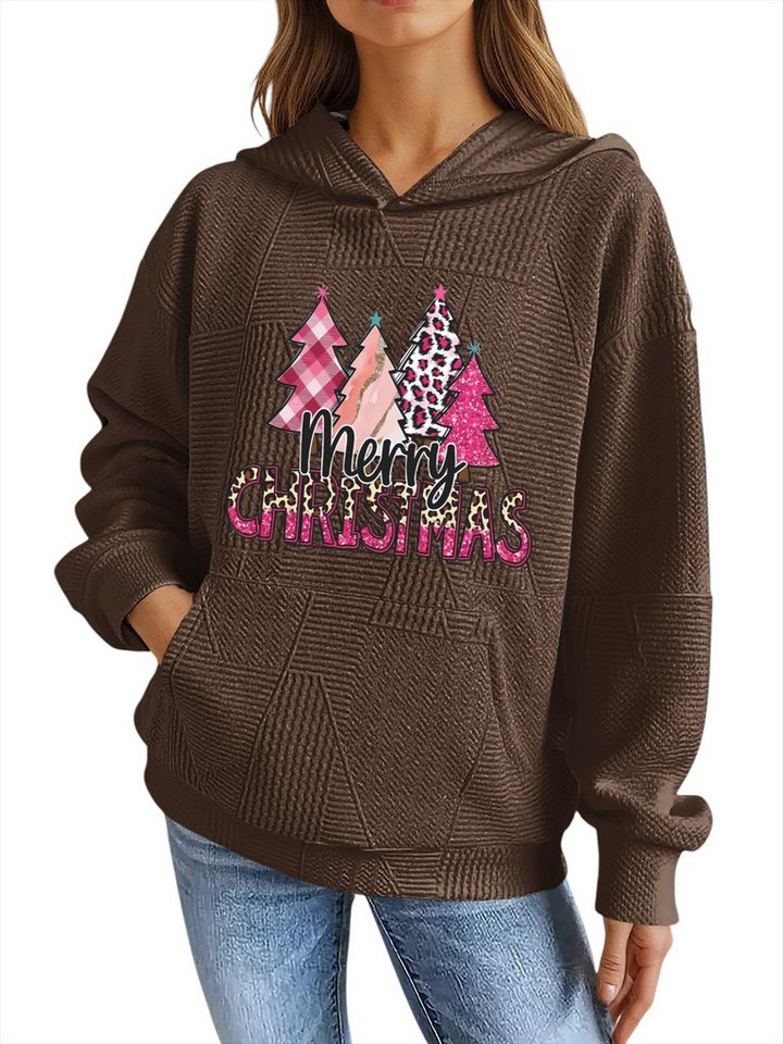 PYLIKE Kapuzenpullover Damen Hoodie mit Kangarootasche, Print & Strukturiertem Stoff Strukturierte Stoffe,Weihnachtsbaum Streetstyle für den Winter von PYLIKE