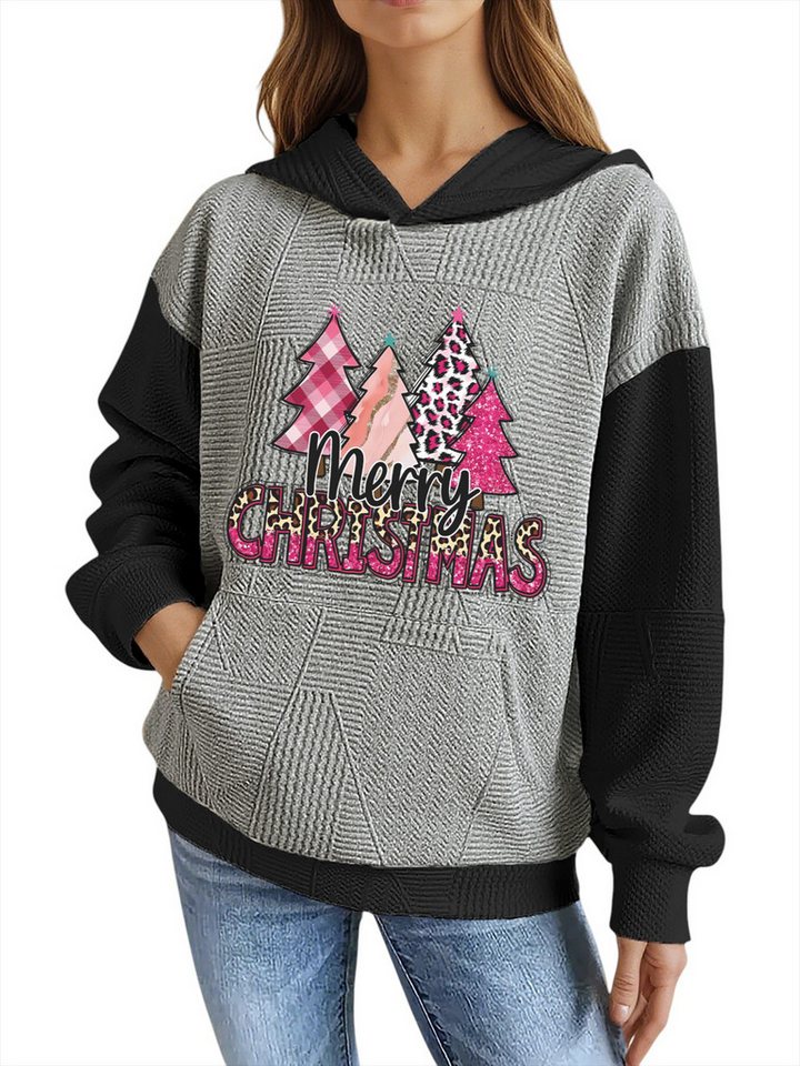 PYLIKE Kapuzenpullover Damen Hoodie mit Kangarootasche, Print & Strukturiertem Stoff Strukturierte Stoffe,Weihnachtsbaum Streetstyle für den Winter von PYLIKE
